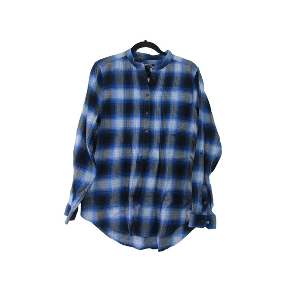 Lands'End Blue Plaid Pin Tuck V Neck Top Women's size 14 Boho Country Shirt - Picture 1 of 7